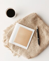 Aufkleber - Minimalist Workspace Essentials Neutral Tone Productivity Scene with Coffee, Textured Burlap, and Contemporary Design Elements for Modern Professionals
