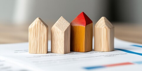 Poster - Minimalist Real Estate Investment Strategy Geometric Wooden Houses Symbolizing Diverse Portfolio Management, Financial Growth, and Strategic Property Development