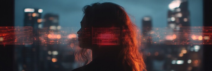 Fototapete - Cybernetic Horizon AI-Powered Identity Exploration in Immersive Urban Landscape - Digital Transformation Meets Personal Narrative Breakthrough