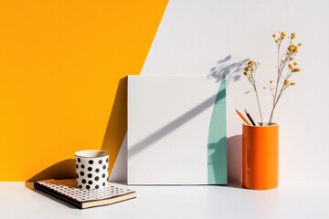 Poster - Minimalist Workspace Composition Bold Geometric Color Block Styling with Polka Dot Ceramic, Dried Florals and Modern Design Aesthetic for Creative Professionals