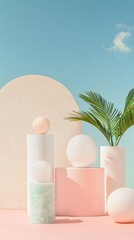 Aufkleber - Minimalist Pastel Composition Soft Geometric Wellness Staging with Spherical Elements, Palm Leaf and Gradient Surfaces - Contemporary Design Aesthetic for Lifestyle Branding
