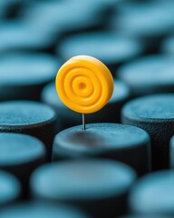 Poster - Precision Targeting Breakthrough Vibrant Yellow Bullseye Emerging from Strategic Blue Corporate Landscape - Innovative Market Segmentation Visual