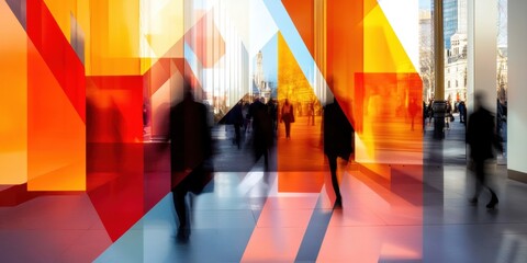 Fototapete - Dynamic Urban Mobility Blurred Professional Silhouettes in Vibrant Geometric Corporate Atrium - Transformative Workplace Design and Next-Gen Business Connectivity