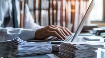 financial audit. financial management. business account tax report , auditor use laptop for document