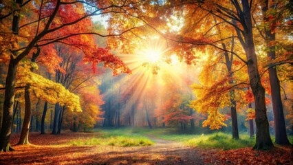  Serene forest landscape bathed in warm sunlight, with vibrant autumn leaves and trees displaying a kaleidoscope of color against a backdrop of soft, muted tones, landscape, autumn