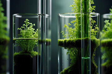 a scientific abstract concept featuring laboratory test tubes, biology, and genetically modified pla