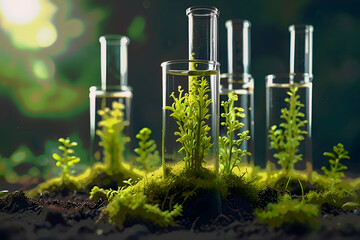 a scientific abstract concept featuring laboratory test tubes, biology, and genetically modified pla