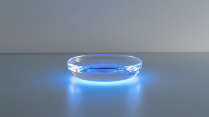 Wall Mural - a small, shallow glass dish filled with a glowing blue solution, carefully placed on a polished