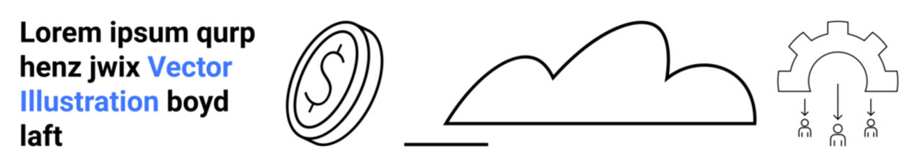 Depicts a coin with monetary value, a cloud shape, and a gear symbol connected to arrows. Ideal for finance, cloud computing, technology, process management, innovation, monetization simple landing