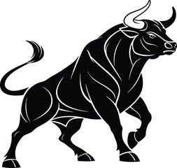 powerful bull silhouette in aggressive stance, strong wild animal illustration, black and white vect