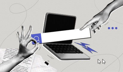 Trendy Halftone Collage Laptop with Search bar and Hands. Online search job. Seo marketing concept. Finding opportunities. Dotted pop art. Cut out paper elements. Contemporary vector illustration art