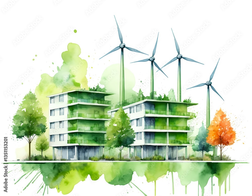 Eco-Friendly Apartments and Wind Turbines Stock Illustration | Adobe Stock