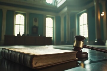Leinwandbilder - A focused shot of a law book with a gavel lying next to it, the blurred backdrop of a courtroom scene suggesting gravity. The space at the top is available for a legal service ad. 