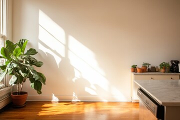 Fototapete - A bright, minimalist kitchen showcases white cabinetry, marble countertops, green plants, and stainless steel appliances for a serene vibe