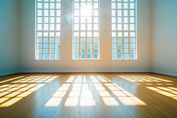 Fototapete - Natural light floods a minimalist room, highlighting white brick walls and casting shadows on the wooden floor, evoking a sense of openness and tranquility