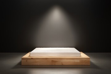 Poster - Sleek mattress rests on a stylish wooden platform, surrounded by soft lighting and minimal decor, creating an inviting atmosphere for showroom visitors