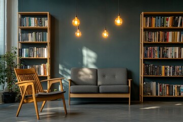 Fototapete - A cozy Scandinavian-style living room showcases a gray sofa, wooden chair, and bookshelves against a blue wall, illuminated by soft natural light