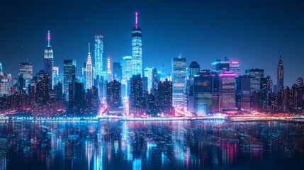 digital hologram and information fileds in metaverse, double exposure, new york manhattan skyline at
