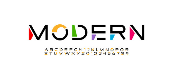 Wall Mural - Font digital cyber alphabet, cyberpunk letters A, B, C, D, E, F, G, H, I, J, K, L, M, N, O, P, Q, R, S, T, U, V, W, X, Y, Z and futuristic numerals 0, 1, 2, 3, 4, 5, 6, 7, 8, 9, vector illustration