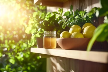 Poster - A sunny kitchen shelf displays a ceramic bowl filled with fresh lemons, a glass jar of honey, and a sprig of rosemary, illuminated by warm natural light