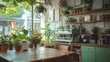 © Yopi - Plant Filled Cafe Interior with Wooden Table and Soft Natural Light