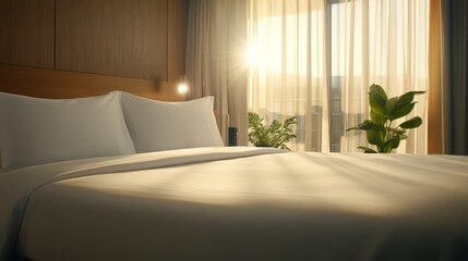 Aufkleber - Sunlight gently streams through curtains, illuminating a crisp bed adorned with white pillows and lush indoor plants, inviting tranquility and comfort