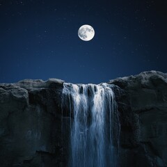 Wall Mural - a scenic cliff with layered waterfalls glowing beneath a bright full moon, constellations clear in t