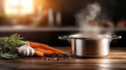 Poster - A pot emits steam while surrounded by rosemary, garlic, and carrots on a wooden table, bathed in warm sunlight coming through a window