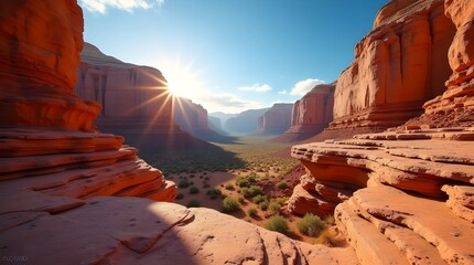 a rocky canyon with layered stone walls carved by centuries of wind and water erosion, under a brigh