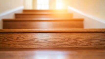 Aufkleber - A wooden staircase ascends to a white door, with soft natural light streaming in through the window at dusk, creating a warm and inviting atmosphere