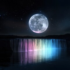 Wall Mural - a vibrant fantasy realm with multicolored glowing waterfalls under a giant full moon, sparkling cons