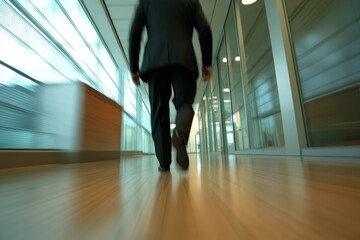 Leinwandbilder - A professional walks swiftly through a sleek office corridor, with natural light pouring in and muted tones enhancing the modern atmosphere of the space
