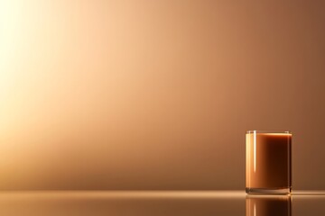 Poster - A single glass of amber whiskey sits elegantly on a smooth reflective surface, surrounded by soft shadows and golden hues against a muted beige backdrop