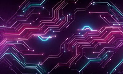 Wall Mural - Abstract Digital Circuit Board Design With Neon Blue And Purple Lines Over Dark Background