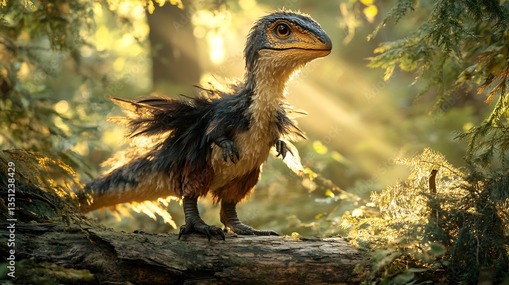 Small but intelligent Beipiaosaurus perched fallen log feathered body ...