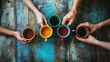 © Verizal - Colorful coffee cups, friends sharing drinks at rustic table