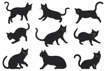 Naklejka na meble cute black cats silhouette on a white background. set of cat silhouette collection, Cats Silhouettes set. Cute cat silhouette set different various poses. 