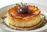 Delicious crème brûlée decorated with flowers resting on a white plate