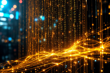 Wall Mural - abstract digital streams of golden light flow against a dark backdrop with blurred bokeh lights, cre