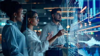 Poster - In a modern workspace, a diverse team of skilled professionals analyzes complex data visualizations on a digital interface, highlighting the importance of collaboration in technology and innovation