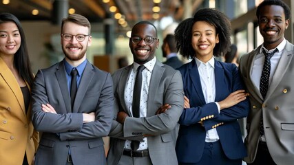 Poster - In a busy office, five skilled professionals in formal attire highlight the importance of teamwork and collaboration for success in todays fastpaced, competitive business landscape