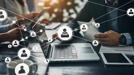 Poster - A business meeting highlights the latest laptops and mobile devices, interconnected by a network that represents modern collaboration in technology and AI for effective communication and teamwork