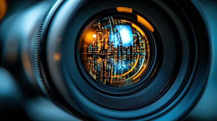 Wall Mural - close-up of camera lens reflecting digital data lights