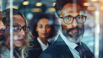 Poster - A skilled group engages in serious discussions, analyzing data and developing strategies in a hightech office, embodying teamwork and fostering collaboration and innovation in the digital age