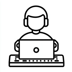 Aufkleber - Line Art Illustration: Person with Headphones Working on Laptop with Keyboard