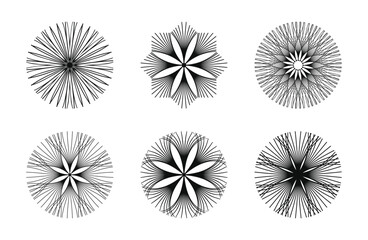 Geometric radiance: a collection of abstract sunburst designs, black and white symmetric line art.