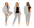 © Creative_Juice_Art - Young modern business woman in different poses, front, side, back view. Attractive girl wearing business suit and sneakers. Vector realistic illustration isolated on white background.