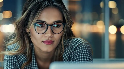 Poster - A young woman who wears glasses is deeply focused as she works on her laptop late at night, in an office that showcases a modern ambiance blending cuttingedge technology with business innovation
