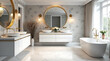 © Mamun - A tranquil and luxurious bathroom featuring a soft grey floral wallpaper accent wall, white marble countertops, and a freestanding bathtub.