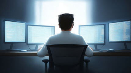 Professional developer typing code across multiple monitors, darkened workspace bathed in screen glow and soft window illumination